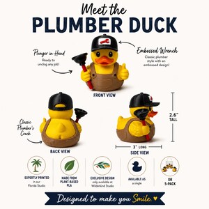 Desk Buddy Plumber Duck Appreciation Gift Dashboard Accessory Office Decoration Tradesman Thank You Present Electrician Contractor Gift Brown Overalls Black Cap Plunger Design Novelty Birthday Surprise Handyman Present Workspace Companion