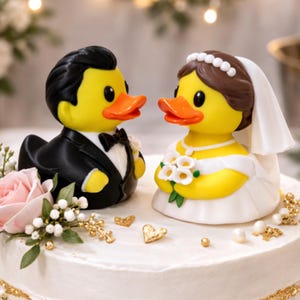 May include: A pair of rubber duck wedding cake toppers. The groom duck wears a black tuxedo with a bow tie. The bride duck wears a white wedding dress and veil, holding a bouquet. The ducks are yellow with orange beaks.
