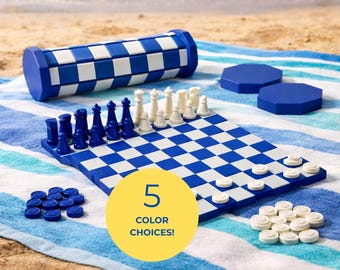 Checker Chess Set 2 in 1 Travel Blue White Portable School Lunch Entertainment  Outdoor Chess Board Vacation Road Trip Activity Kids Camp