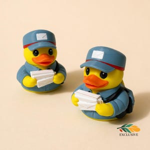 May include: Two yellow rubber duck figurines dressed as mail carriers, wearing blue uniforms and caps with a white envelope emblem. Each duck holds a stack of white envelopes and has an orange beak. The background is a solid beige color.