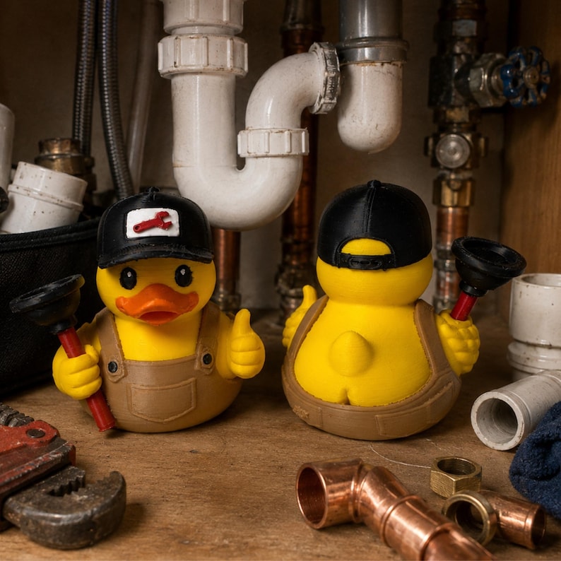 Dashboard Duck Desk Buddy Office Decoration Plumber Gift Men Novelty Present Tradesman Appreciation Gift Electrician Contractor Thank You Brown Overalls Black Cap Design Plunger Accessory Workspace Companion Birthday Surprise Handyman Gift
