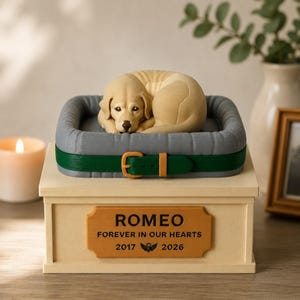 May include: A rectangular beige memorial box featuring a sculpted light-brown dog curled up in a grey bed with a green collar. A tan plaque on the front reads: ROMEO, FOREVER IN OUR HEARTS, 2017, a paw print icon, and 2026.