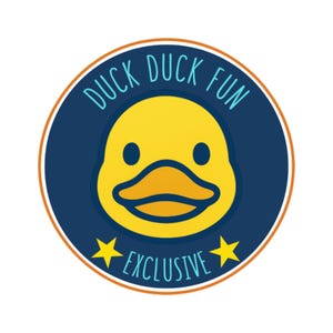 May include: A circular sticker with a yellow duck face in the center, surrounded by a navy blue ring with the words "DUCK DUCK FUN" in teal. Two yellow stars flank the word "EXCLUSIVE" in teal.