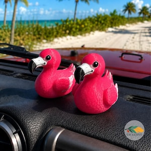 May include: Two bright pink flamingo-shaped rubber ducks with white and black beaks and black eyes. The figures have textured surfaces resembling feathers on their wings and are positioned on a dark, textured dashboard surface.