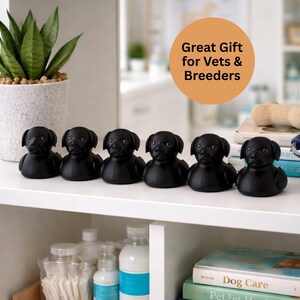 May include: Six black Labrador retriever figurines are arranged on a white shelf. The figurines are glossy and have detailed features. A potted plant and books are visible in the background. The text "Great Gift for Vets & Breeders" is in a circle.