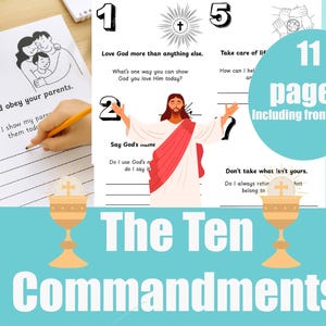 May include: A workbook titled "The Ten Commandments" with 11 pages, including the front page. The pages feature illustrations and prompts for reflection on the commandments. The image includes a drawing of Jesus and a person writing.