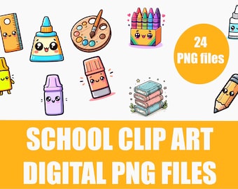 School Supplies Clipart Bundle 24 PNG Files Teacher & Crafter Graphics Back to School Digital Download for Printing and Crafts