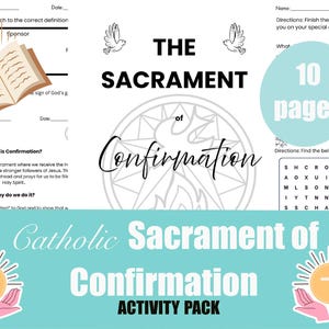 Puede incluir: Un paquete de actividades de Confirmación católica de 10 páginas. La portada presenta el texto "El Sacramento de la Confirmación" y "Paquete de actividades". Incluye ilustraciones de una cruz, una paloma y un libro abierto.