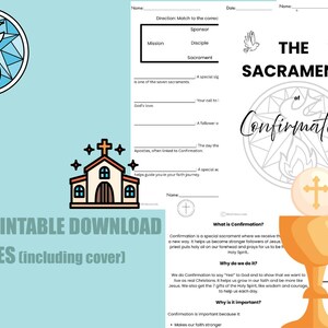 May include: A PDF printable download with 10 pages, including a cover. The pages feature religious illustrations, including a church, a chalice with a host, and a stained-glass dove. Text includes "The Sacrament of Confirmation."