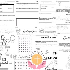 May include: A Confirmation activity sheet with fill-in-the-blanks, word searches, and illustrations of religious symbols. Includes the words "Confirmation," "Sacrament," and "Holy Spirit."