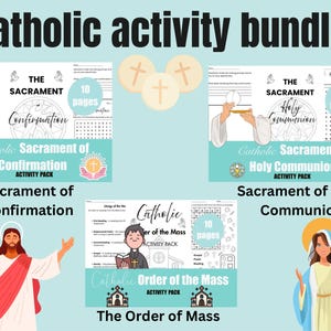 May include: A light blue graphic featuring a "Catholic activity bundle" with illustrations and text. The bundle includes activity packs for Confirmation, Holy Communion, and the Order of Mass, each with 10 pages.
