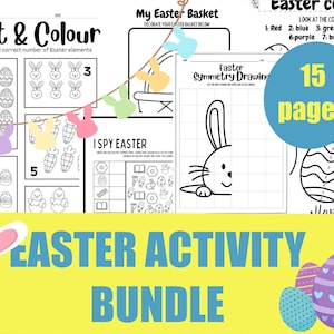 May include: A printable Easter activity pack with 15 pages of colouring, counting, and symmetry drawing activities. The pack includes a count and colour page with bunnies, a basket decorating page, an I Spy Easter page, and a symmetry drawing page with a bunny.
