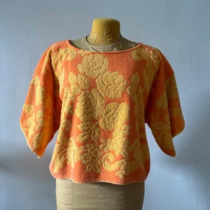 Handmade Orange Vintage Towel Top – Upcycled Boho Short Sleeve Blouse