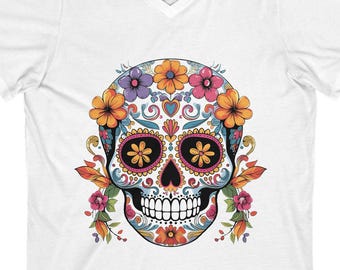 Sugar Skull V-Neck Tee – Day of the Dead Flower T-Shirt