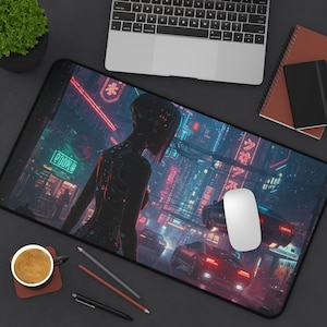 Cyberpunk Desk Mat: Neon Night City, Sci-Fi Gamer Decor