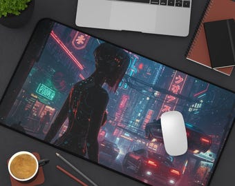 Tapis de bureau Cyberpunk Night City, tapis de souris futuriste de style manga pour gamers et geeks, tapis de souris urbain néon cool, geek
