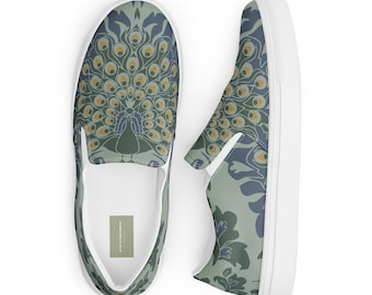 Zapatillas sin cordones con diseño de pavo real para hombre | Zapatos de estilo Art Nouveau | Estampado de plumas verdes y azules
