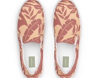 Botanical Leaf Print Pink canvas slip-on trainers: lightweight shoes for men