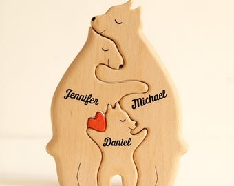 Custom Engraved Wooden Bear Family Puzzle, Personalized 2-6 Person Animal Figurines in Gift Box, Ideal for Anniversaries & Home Decor