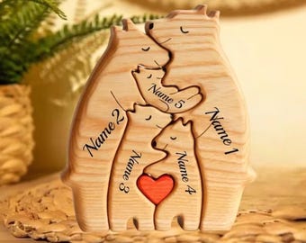 Personalized Wooden Bear Family Puzzle – Custom Engraved Name Gift for Mom, Dad & Kids | Rustic Animal Nursery Decor | Family Keepsake Sign