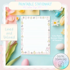 8.5x11 Printable Easter Stationery | Pastel Printable Writing Paper | Bunny Chick Egg Design | Lined & Unlined | Instant Digital Download