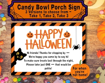 Pode incluir: Uma placa de varanda com tema de Halloween com o texto "Candy Bowl Porch Sign" e "Happy Halloween". A placa apresenta abóboras, um gato preto e uma aranha, com a mensagem "For when you're not home!"