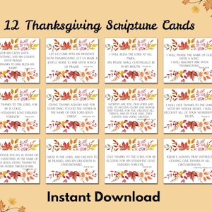 May include: Twelve Thanksgiving Scripture Cards with fall leaf accents. Each card features a Bible verse about giving thanks. The cards are arranged in a grid and are available as an instant download.