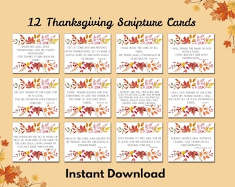 Thanksgiving Bible Verse Cards, Gratitude Scripture Card Set, Thankful Bible Memory, Printable Set of 12, Place Cards, Table Decor