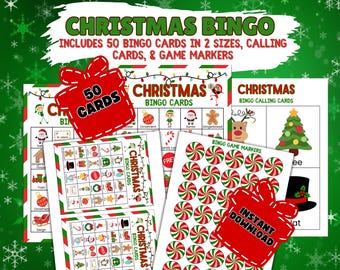 May include: A Christmas Bingo game set with 50 cards in two sizes, calling cards, and game markers. The design features festive elements like ornaments, Santa, gingerbread men, and Christmas trees. Includes the text "Christmas Bingo" and "Instant Download."