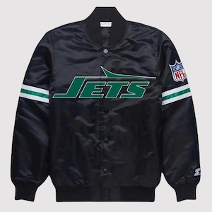 Men NY Jets NFL Black Satin Bomber Style Letterman Embroidered Varsity Jacket Style For Men And Women