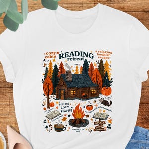 Cozy Cabin Reading Retreat Shirt, Bookish Fall Aesthetic Tee, Book Lover Shirt, Campfire Tee, Relaxing Reader Retreat Tee, Fall Reading Tee