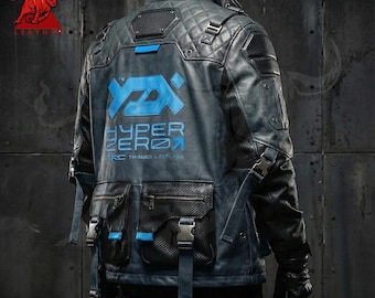 Robotic Leather Jacket, Futuristic Space And Bike Fashion Outfit, Leather Techwear Jacket, Ideal for Sci-Fi Lovers And Streetwear Fans