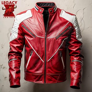 Red & Black Biker Leather Jacket, Sheepskin Stand Collar Jacket