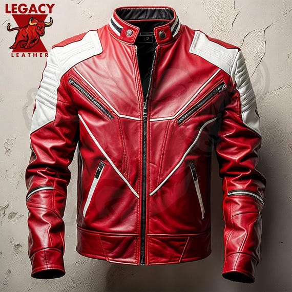 Genuine Leather Racing Jacket, Red and White Sheepskin Jacket
