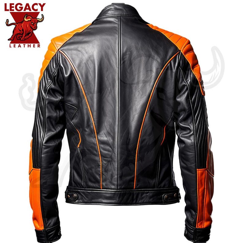 May include: Black leather jacket with orange accents. The jacket has a zipper closure and a stand-up collar.