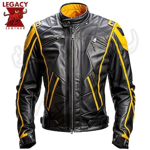 Yellow & Black Leather Jacket, Stylish Biker Jacket, Motorcycle Jacket For Casual Riding and Fashion Gift