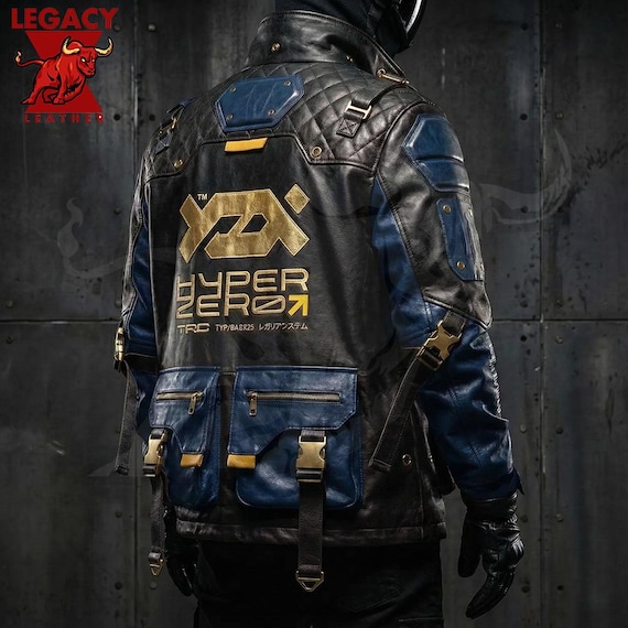 Futuristic Robotic Leather Jacket, Techwear Jacket, Blue & Black Space Inspired Costume for Motorbike Enthusiasts, Sci-Fi Fashion Outfit