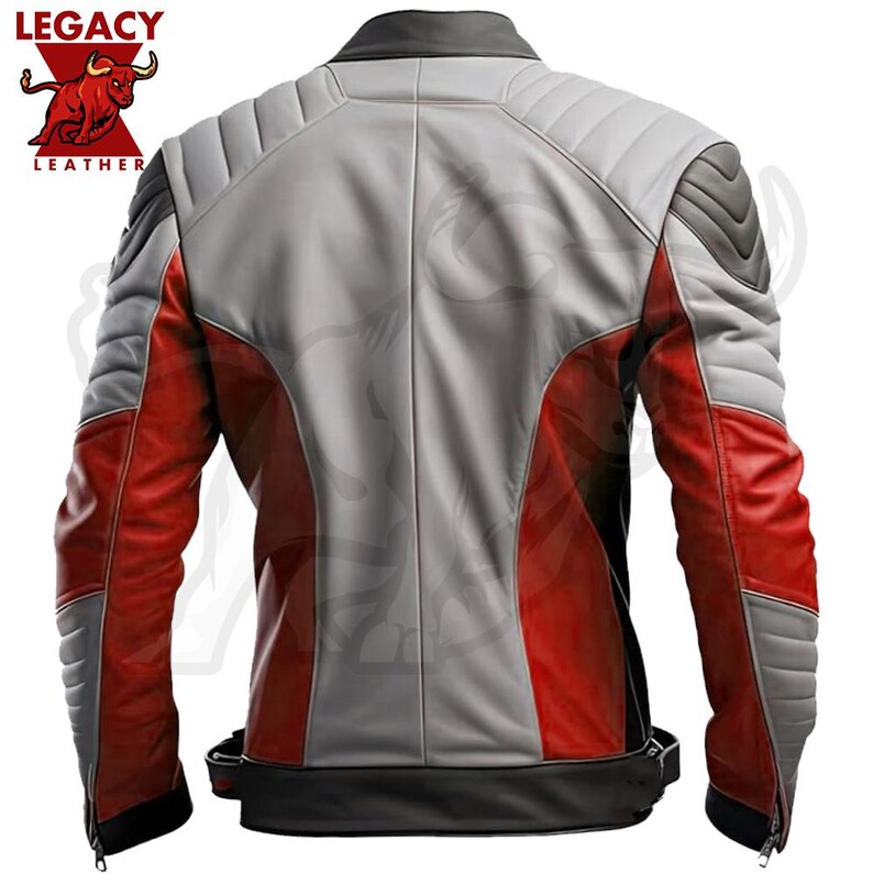 May include: A gray and red leather motorcycle jacket with black accents. The jacket has a zipper closure and a stand-up collar.