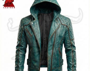 Green Cowhide Leather Biker Jacket – Hooded Motorcycle Jacket with Distressed Style, Perfect Gift for Bike Lovers