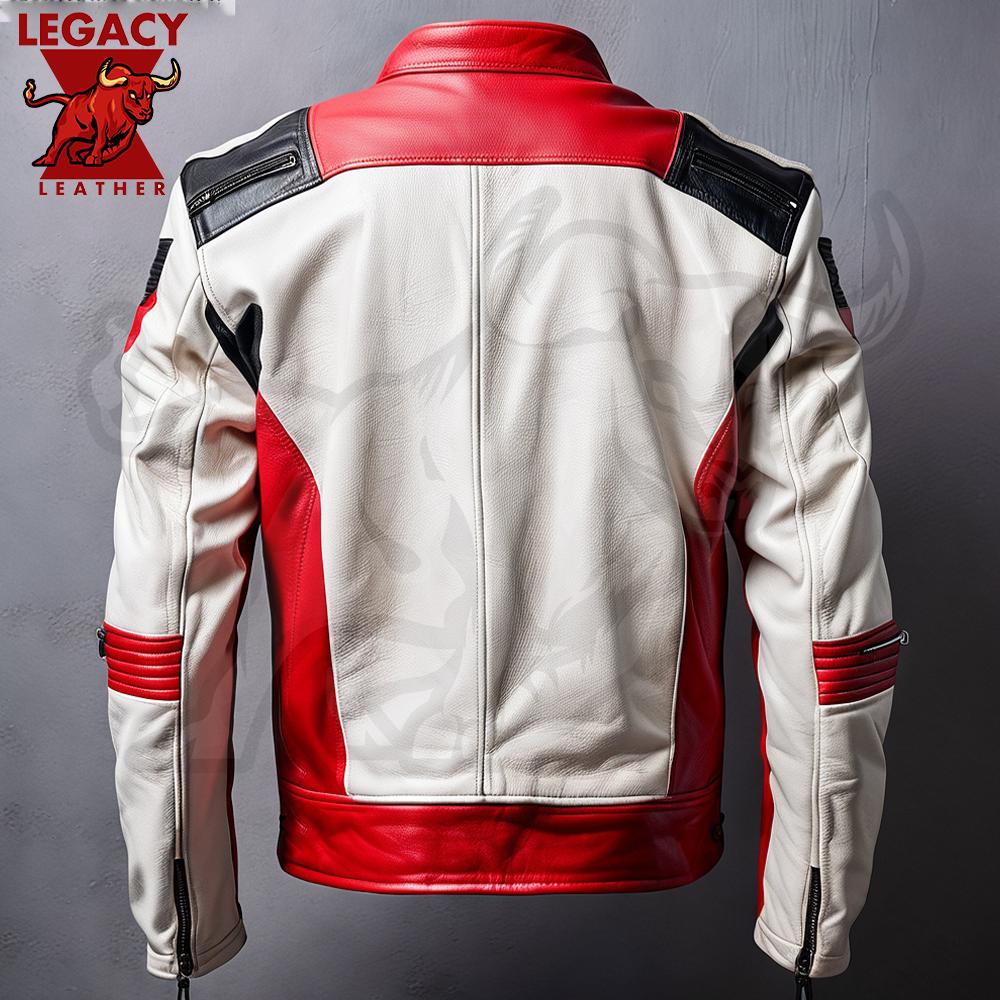 Genuine Leather Racing Jacket, Red and White Sheepskin Jacket