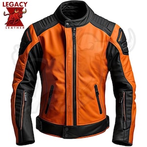 May include: Orange and black leather motorcycle jacket with a zipper closure and multiple pockets.