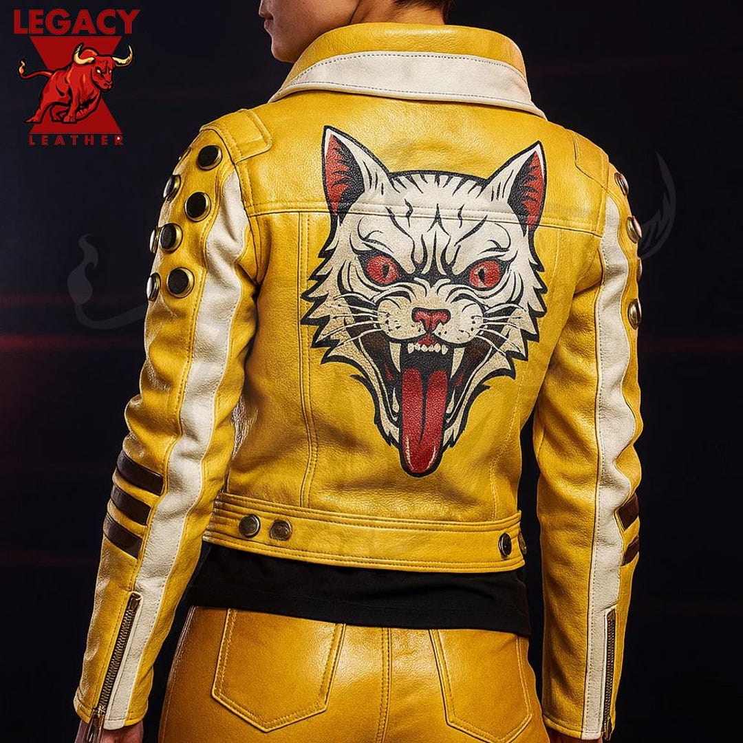 Evil Cat Techwear Leather Jacket, Sheepskin Biker Jacket, Classy Rider ...