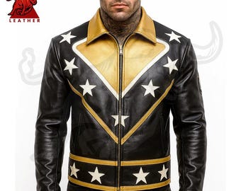 Handmade Rockstar Leather Jacket, Retro Leather Cosplay Jacket, Stylish Biker Wear