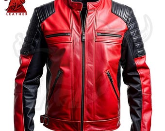 Red & Black Biker Leather Jacket, Sheepskin Leather Jacket, Jacket for Outdoor Wear, Perfect Gift for Motorcycle Lovers
