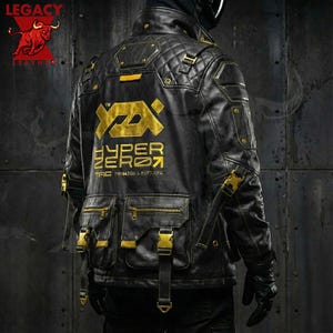 Chaqueta de cuero robótica, atuendo futurista de motociclismo y espacio, chaqueta de cuero tecnológica, ideal para amantes de la ciencia ficción y la moda urbana.