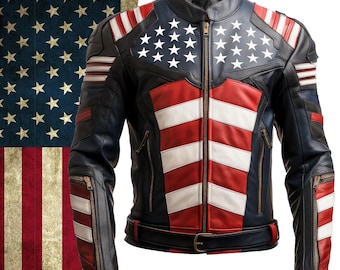 American Flag Leather Jacket, 4th July American Jacket Apparel, USA Independence Day Costume, Genuine Leather Biker Jacket