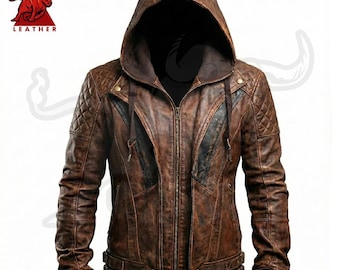 Distressed Brown Leather Jacket – Hooded Biker Jacket for Men & Women – Trendy Gift for Motorcycle Riders