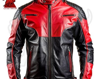 Red & Black Biker Leather Jacket, Sheepskin Stand Collar Jacket, Genuine Leather Warm Outerwear for Cold Weather, Gift for Him
