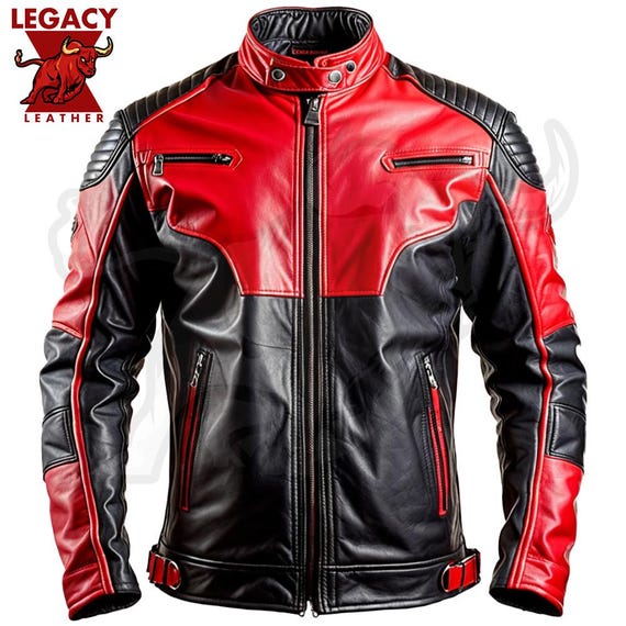 Red & Black Biker Leather Jacket, Sheepskin Stand Collar Jacket