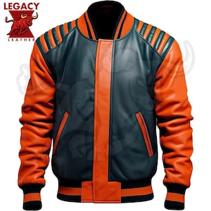Orange Leather Varsity Jacket, Sheepskin Zip-up Classic Bomber for Casual Comfort, Ideal Gift for Fashion Enthusiasts